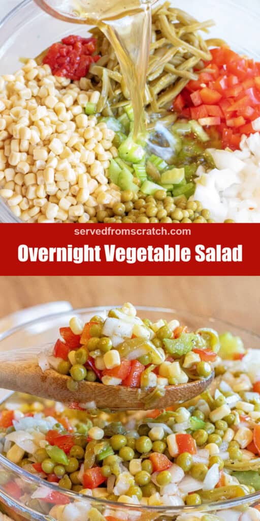 a bow of corn, peppers, onions, peas, celery with dressing being poured in, Pinterest pin text, and then a wooden spoon holding up some vegetable salad with corn, peas, red pepper, and onion.
