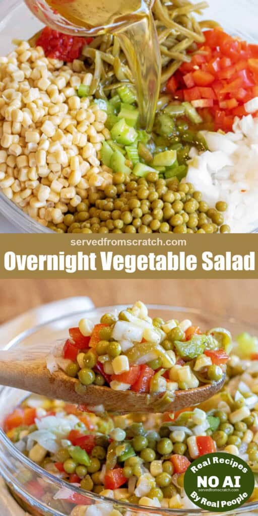 a bow of corn, peppers, onions, peas, celery with dressing being poured in, Pinterest pin text, and then a wooden spoon holding up some vegetable salad with corn, peas, red pepper, and onion with NO AI sticker.