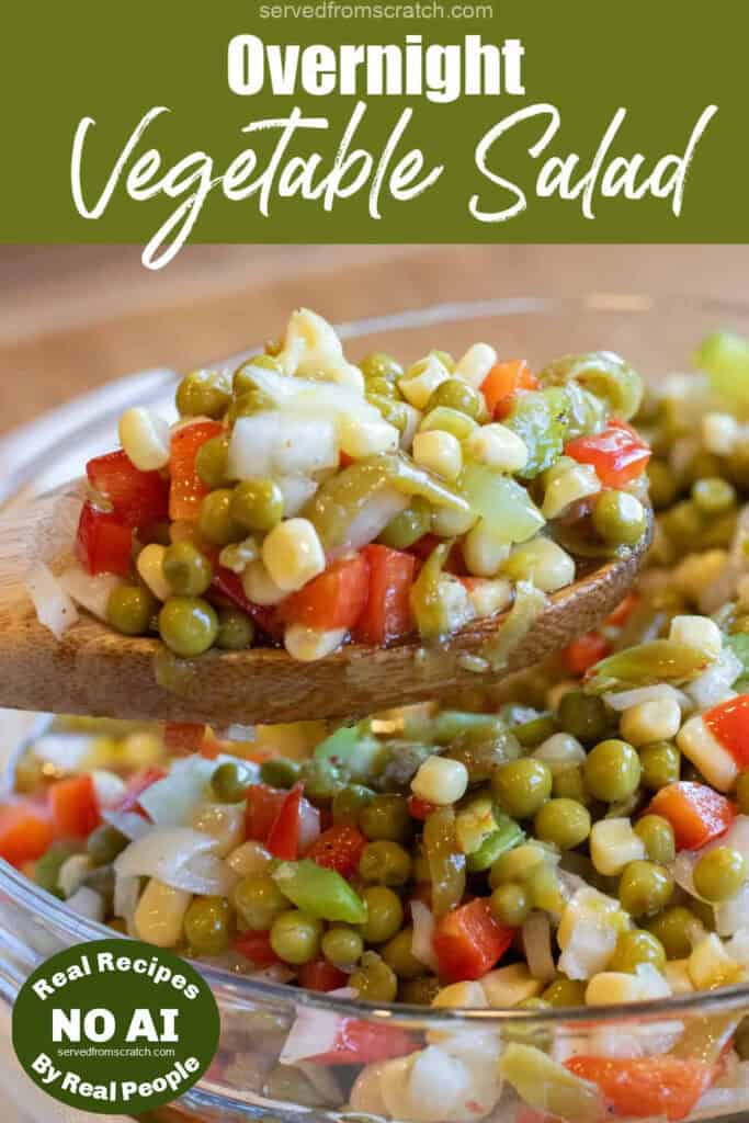 a wooden spoon holding up some vegetable salad with corn, peas, red pepper, and onion with Pinterest pin text with NO AI sticker.