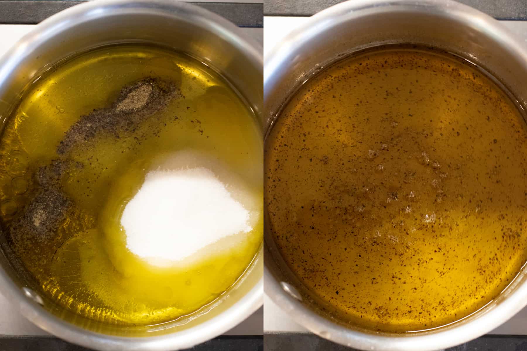 a pot with oil, vinegar, and sugar and then it all dissolved.