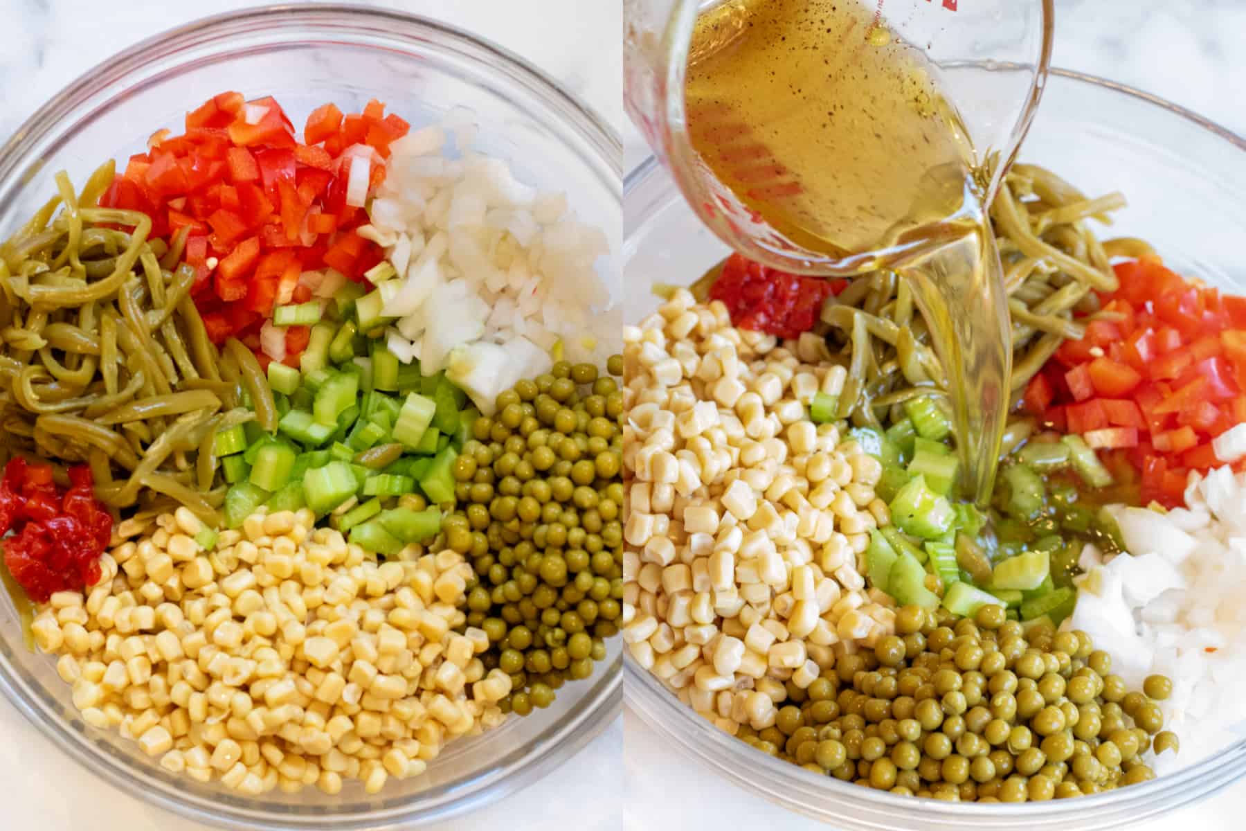 two pictures, a bowl of red pepper, onions, corn, celery, peas, green beans, diced and then a dressing being poured in.