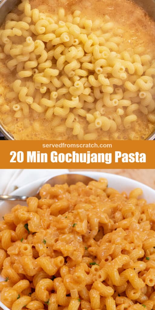 a pan of sauce with pasta and a bowl of creamy pasta with a spoon in it and Pinterest pin text.