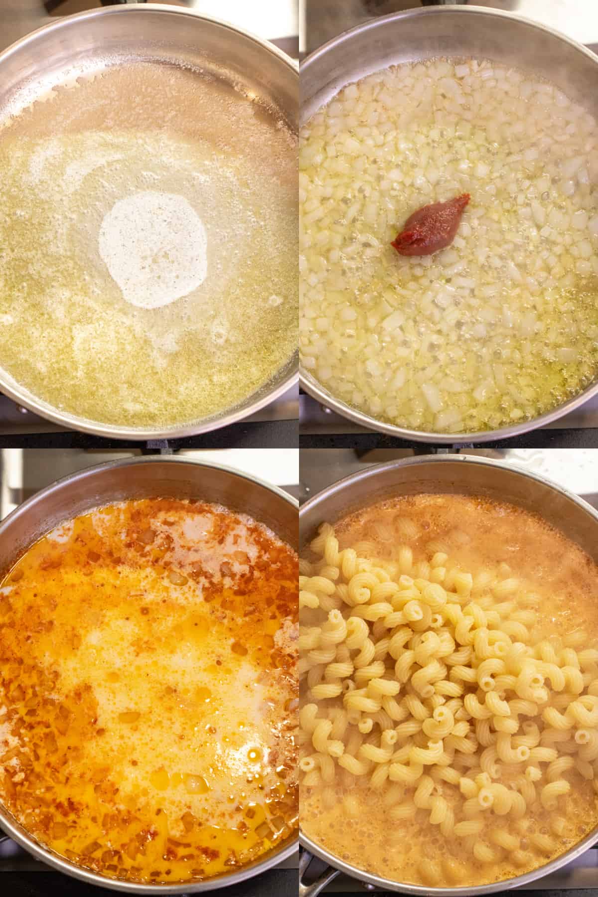 4 pans, one with butter and oil, with cooked onions and gochujang, milk and pasta water added, and then pasta added.