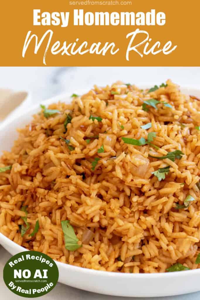 a bowl of fluffy Mexican rice topped with cilantro with Pinterest pin text with NO AI sticker.