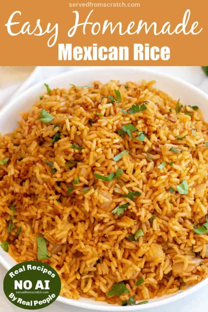 a bowl of fluffy Mexican rice topped with cilantro with Pinterest pin text with NO AI sticker.