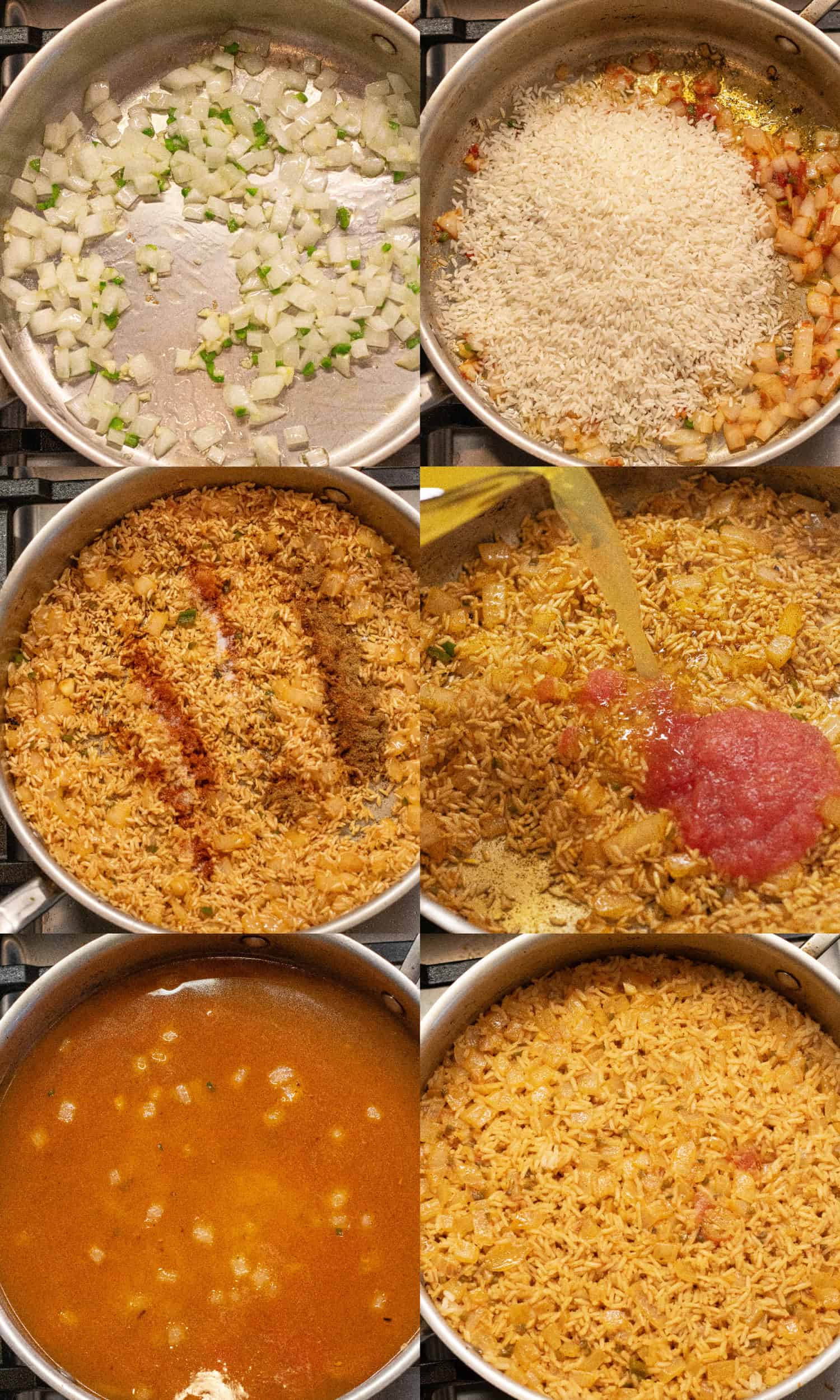 6 pictures of pans with onion and garlic, rice, spices added, chicken stock being poured in with tomato sauce, filled with liquid, and it all cooked.