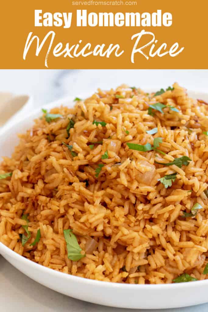 a bowl of fluffy Mexican rice topped with cilantro with Pinterest pin text.