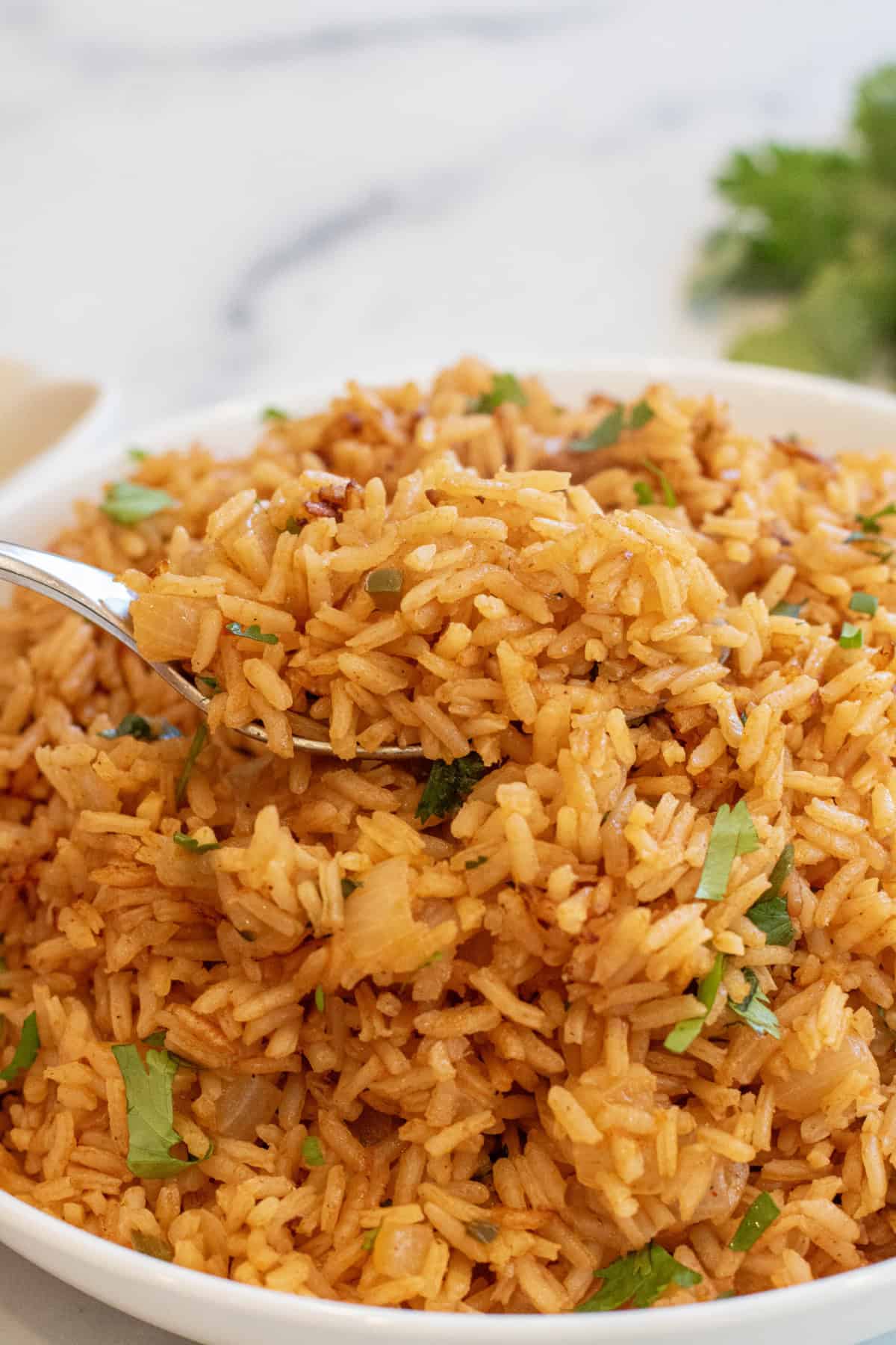 a bowl of fluffy Mexican rice topped with cilantro with a fork.