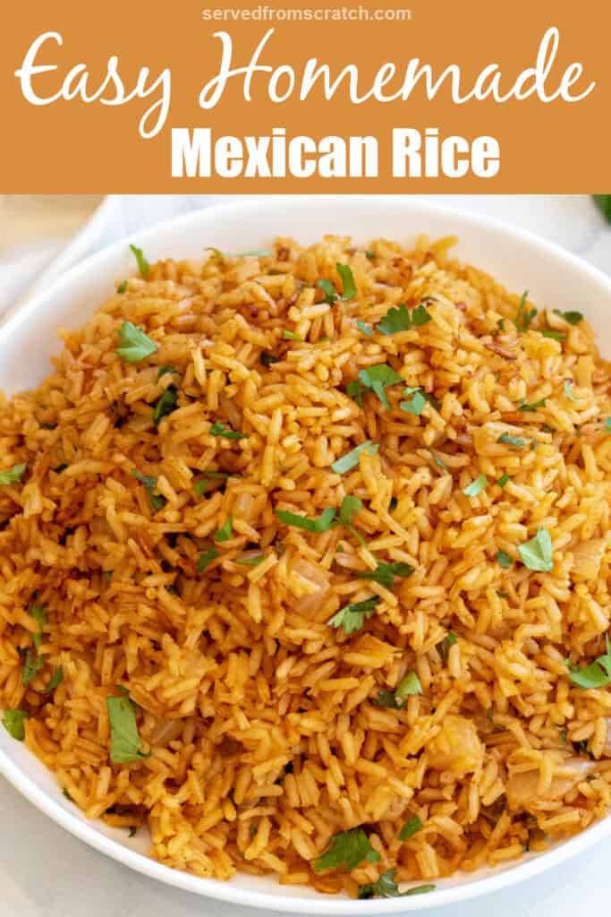 a bowl of fluffy Mexican rice topped with cilantro with Pinterest pin text.