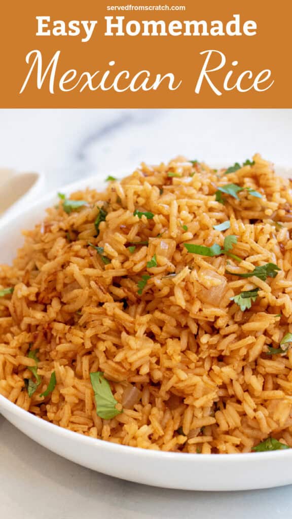 a bowl of fluffy Mexican rice topped with cilantro with Pinterest pin text.