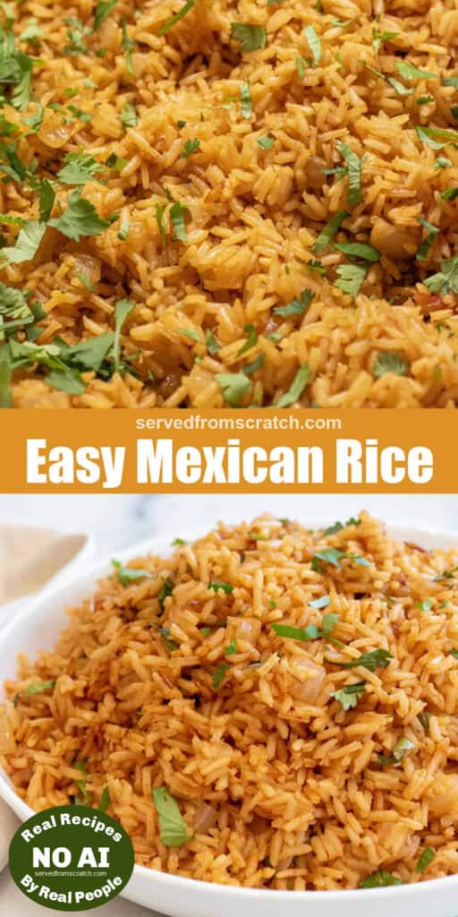 a pan of fluffy rice topped with cilantro, Pinterest pin text, and then a bowl of fluffy rice with NO AI sticker.