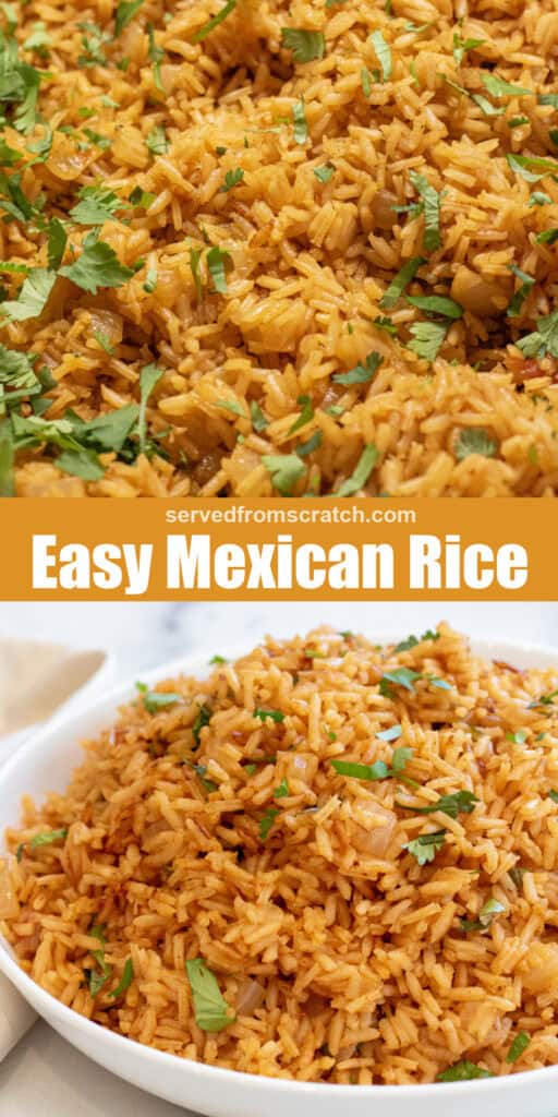 a pan of fluffy rice topped with cilantro, Pinterest pin text, and then a bowl of fluffy rice.