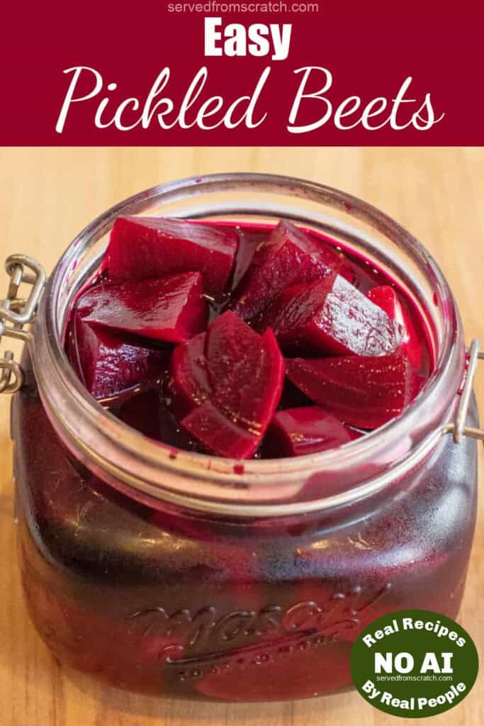 an open mason jar of pickled beets with Pinterest pin text and NO AI sticker.
