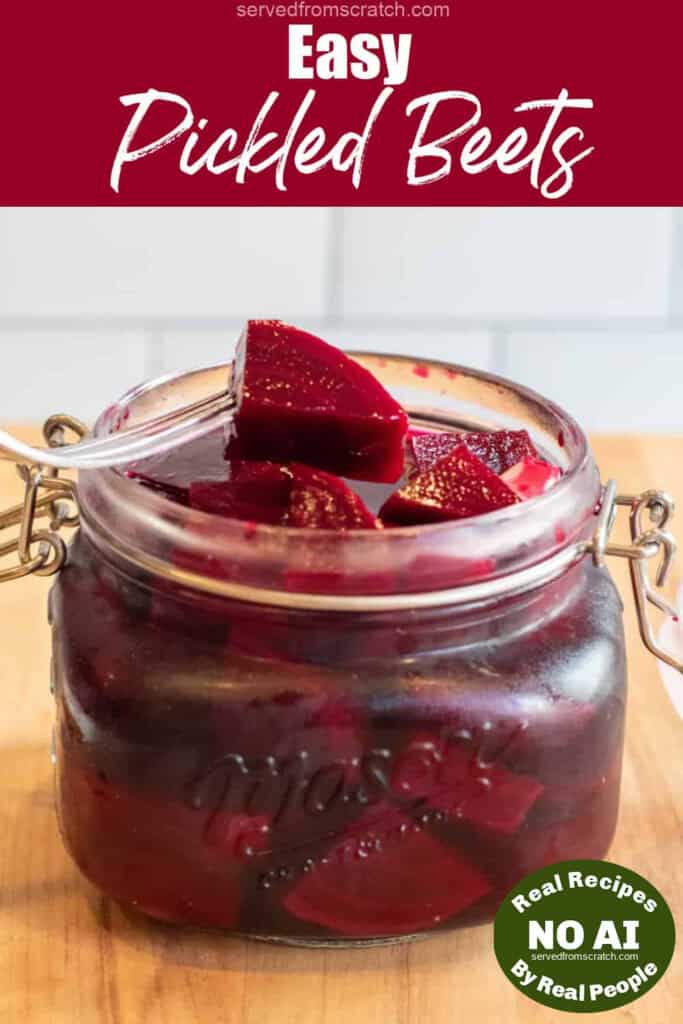an open mason jar of pickled beets with a fork and a beet with Pinterest pin text with NO AI sticker.