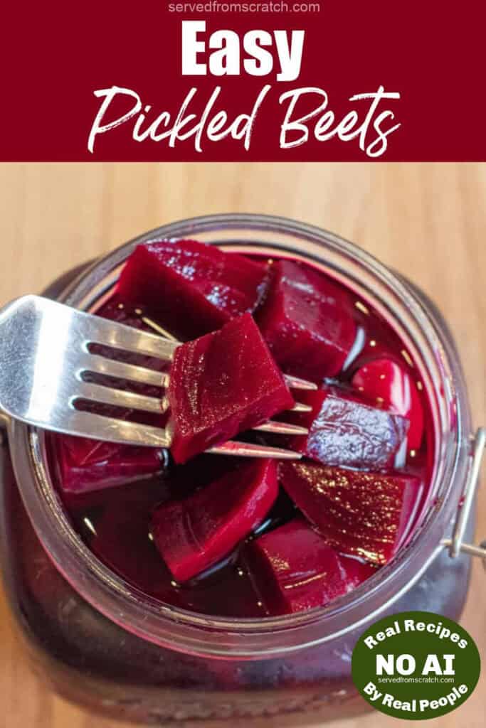 an open mason jar of pickled beets with a fork and a beet with NO AI sticker and Pinterest pin text.
