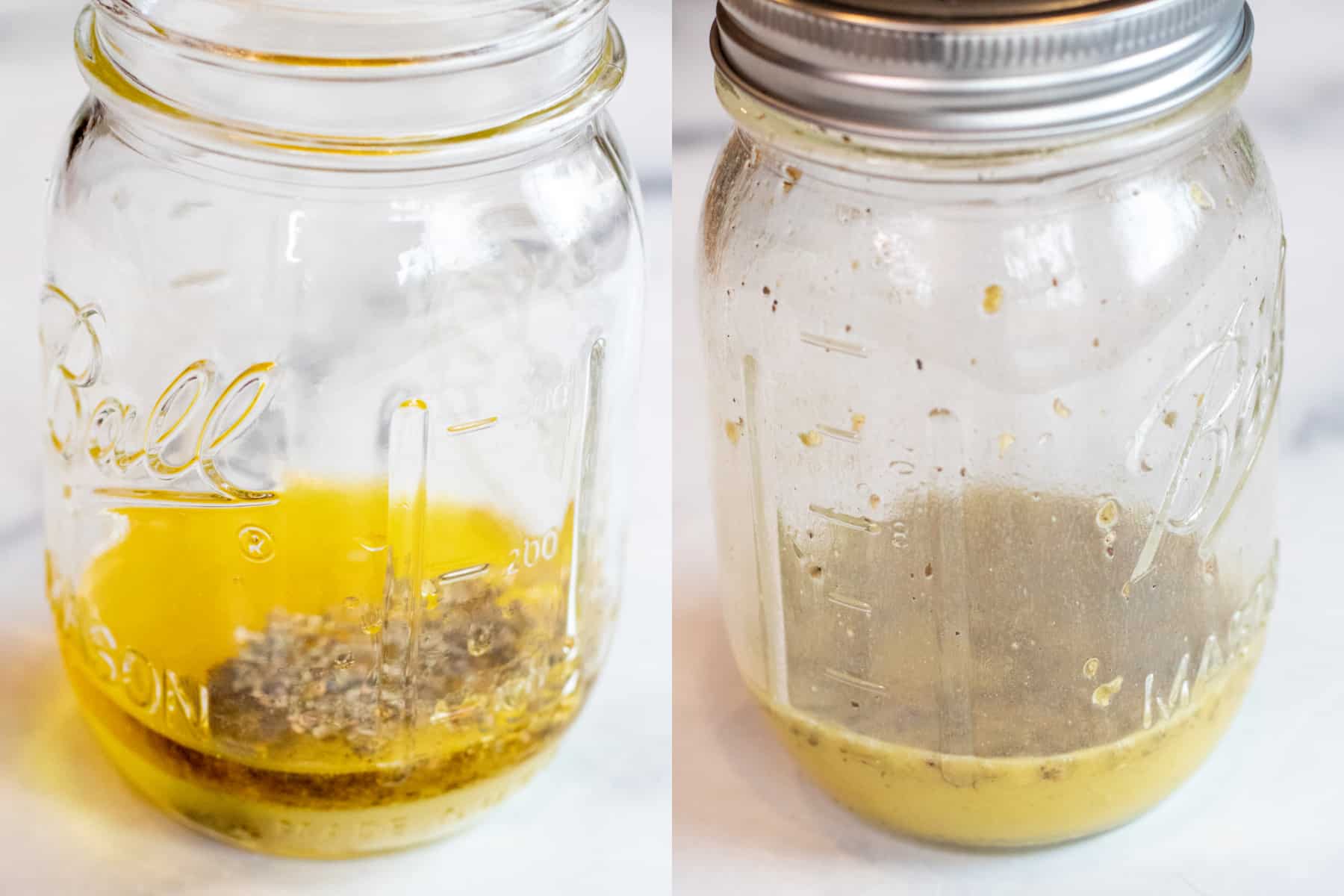 a mason jar with olive oil and spices and then it all mixed together in a vinaigrette. 