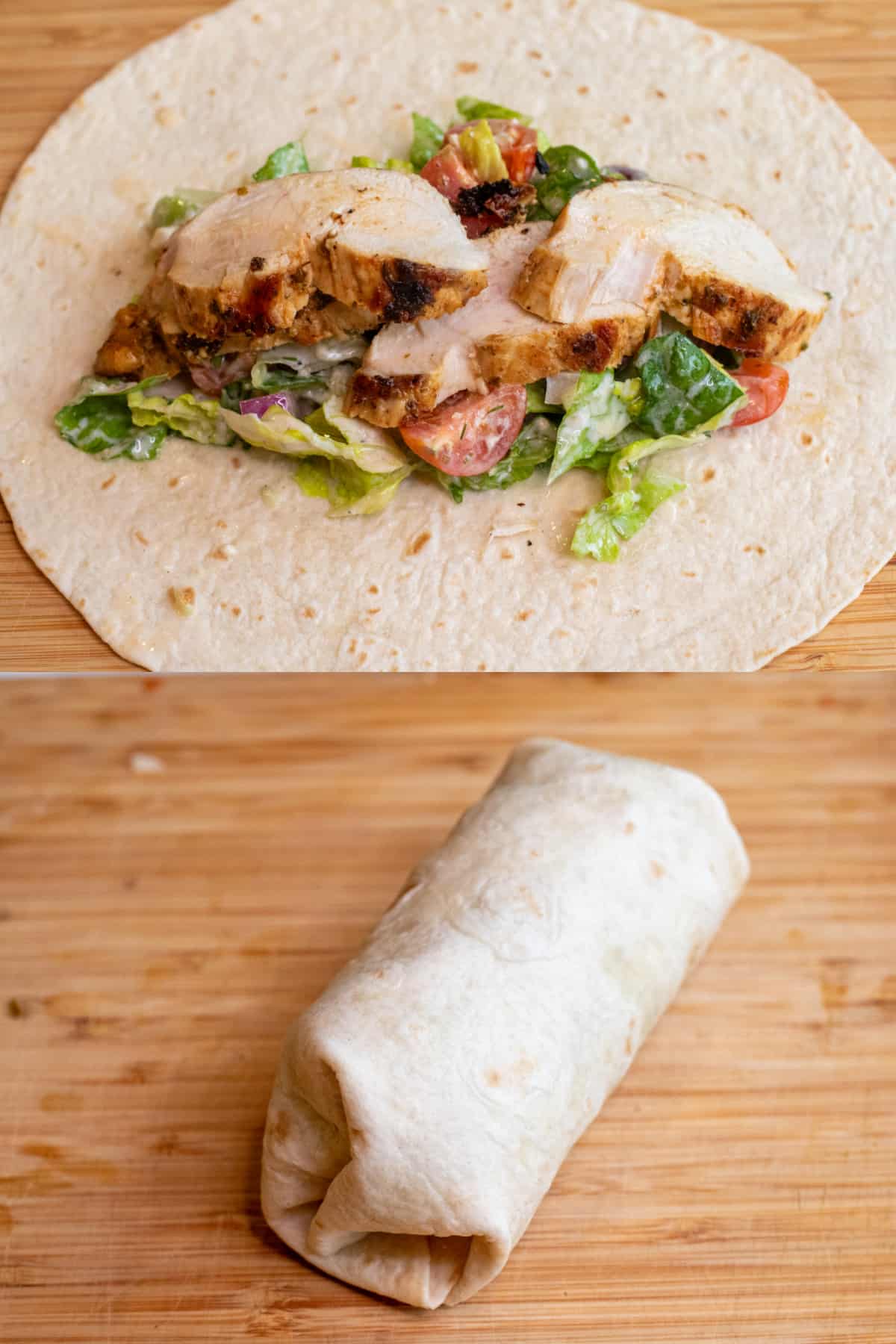 a picture of a wrap with salad and chicken and a picture of it all wrapped up in a wrap. 