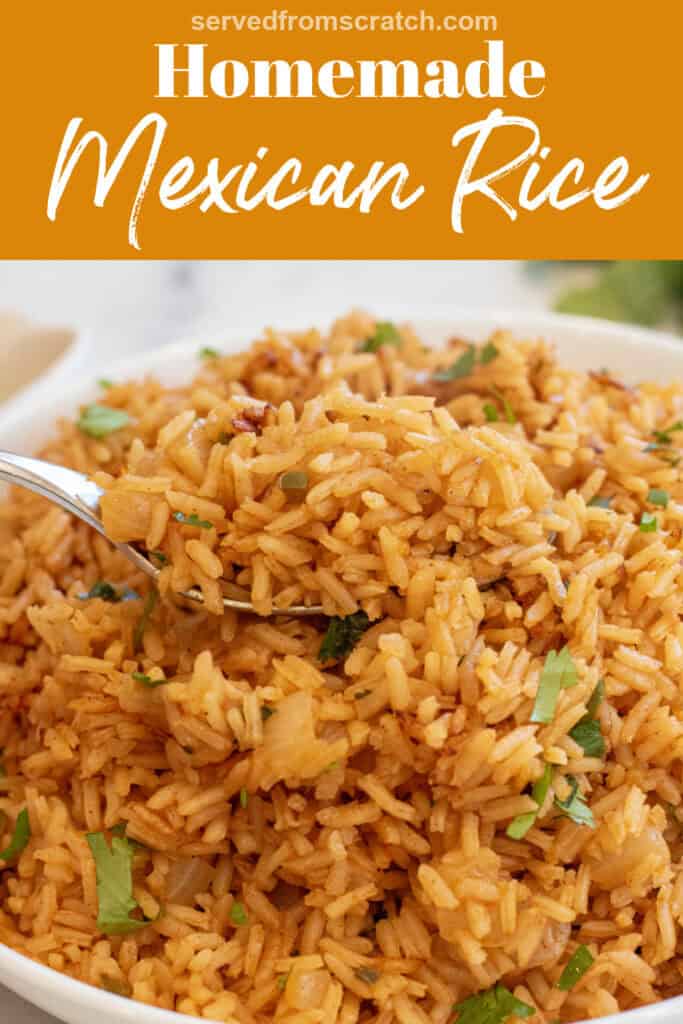 a bowl of fluffy Mexican rice with a fork topped with cilantro with Pinterest pin text.