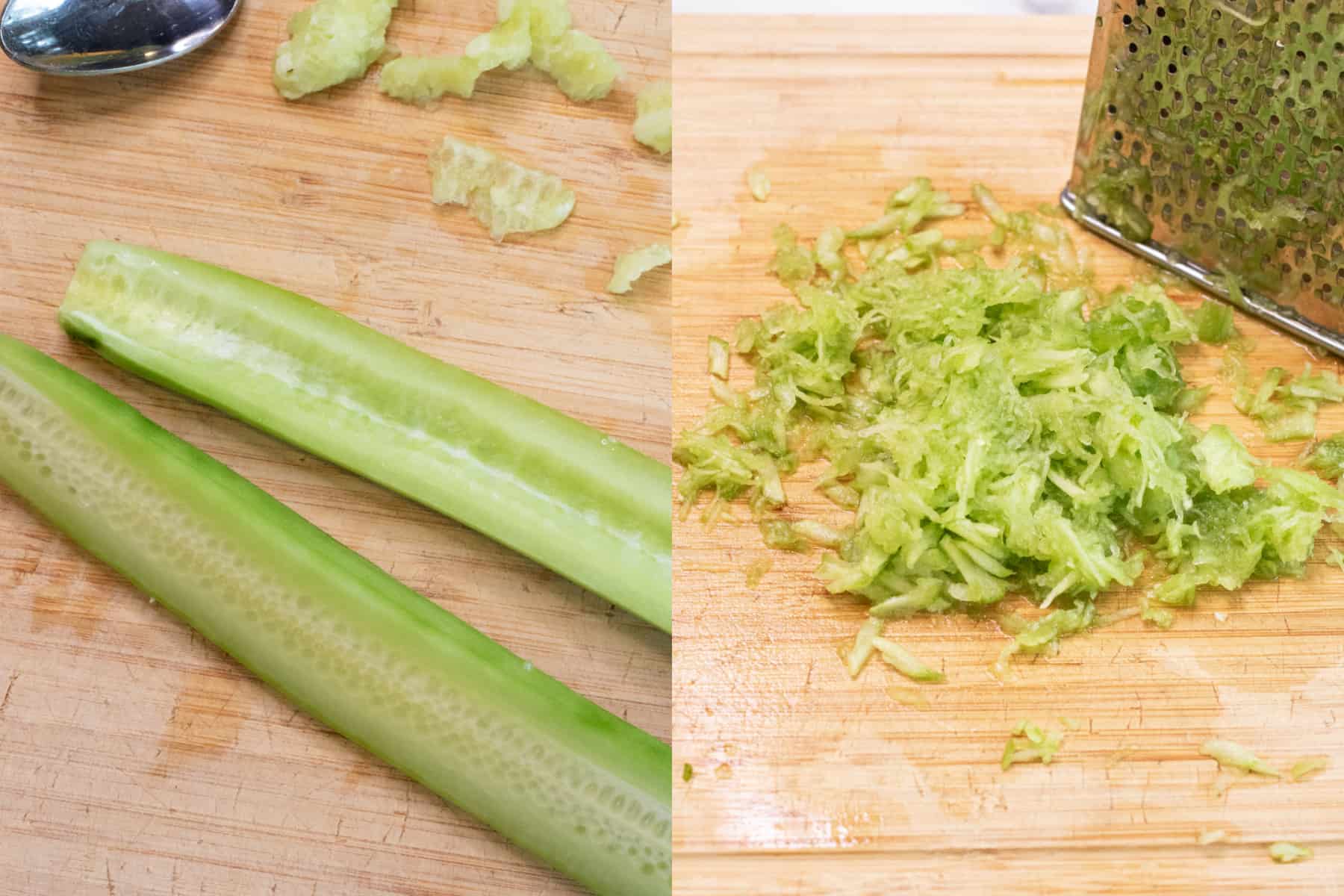 sliced cucumber and shredded cucumber on cutting boards.