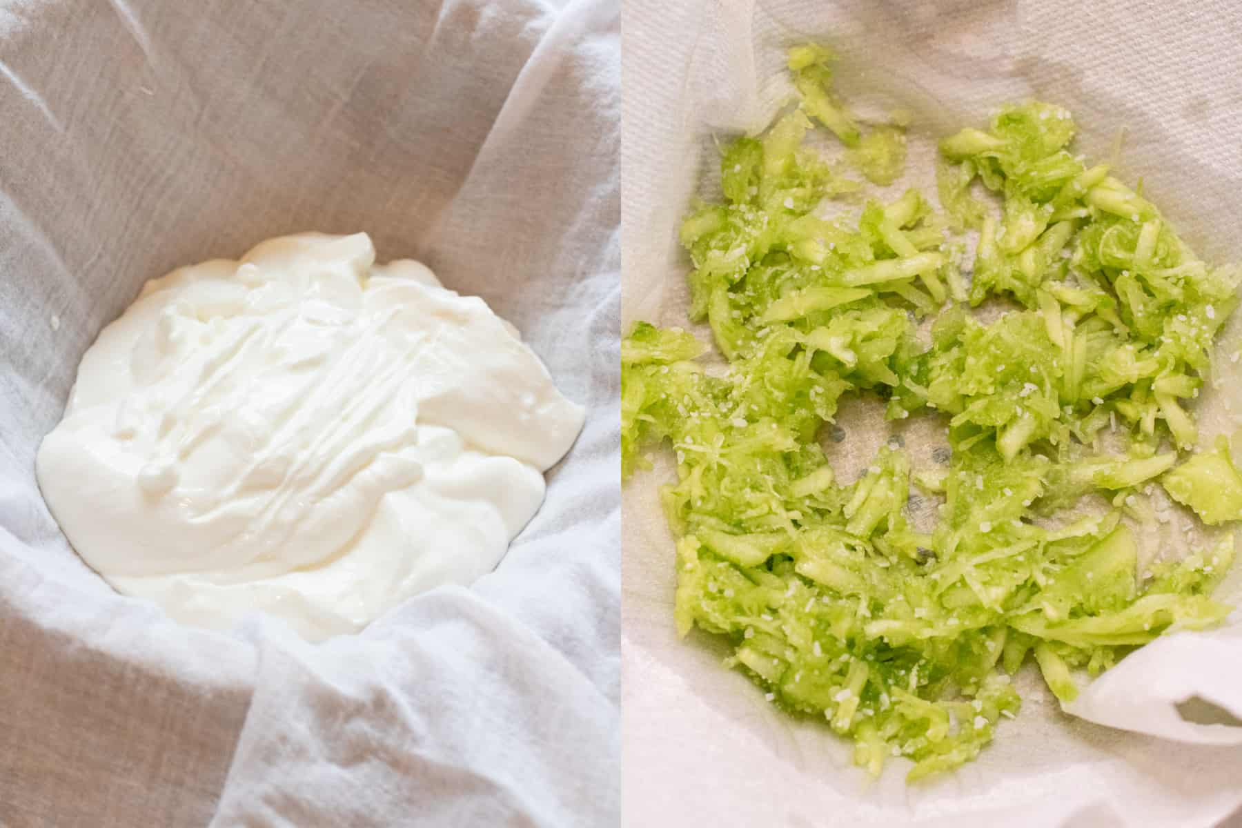 yogurt in a cheese cloth and shredded cucumber draining. 