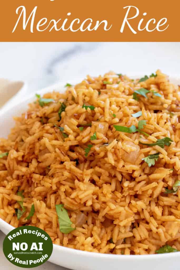a bowl of fluffy Mexican rice topped with cilantro with Pinterest pin text with NO AI sticker.