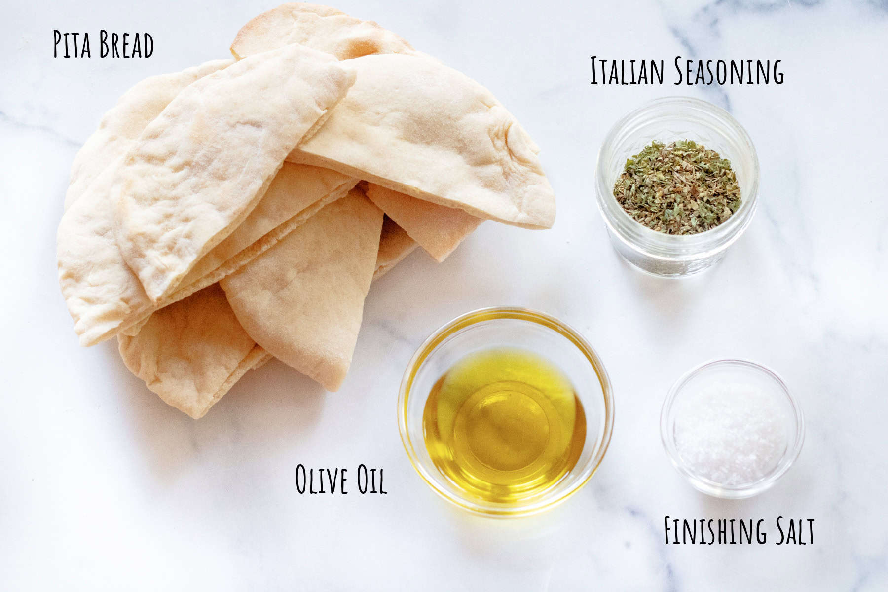 homemade pitas, Italian seasoning, olive oil, and finishing salt labeled.