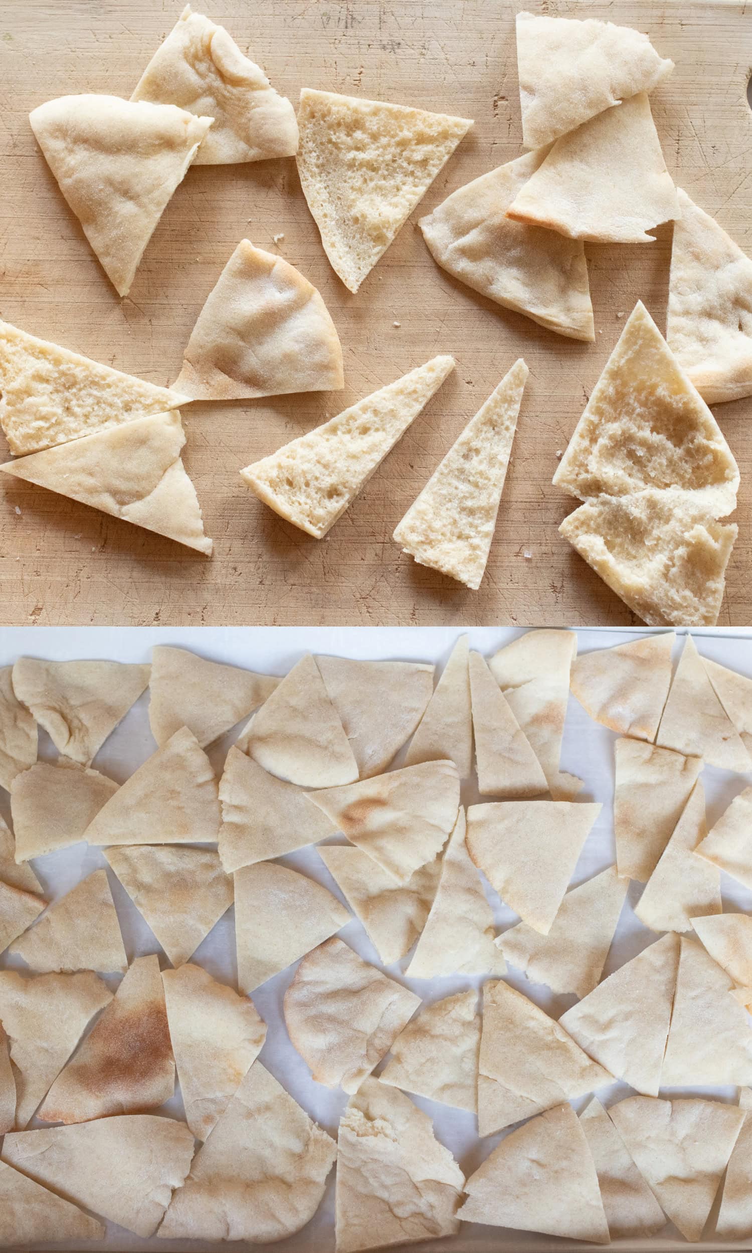 cut and halved pita triangles on a cutting board and then them all on a parchment paper lined baking sheet.