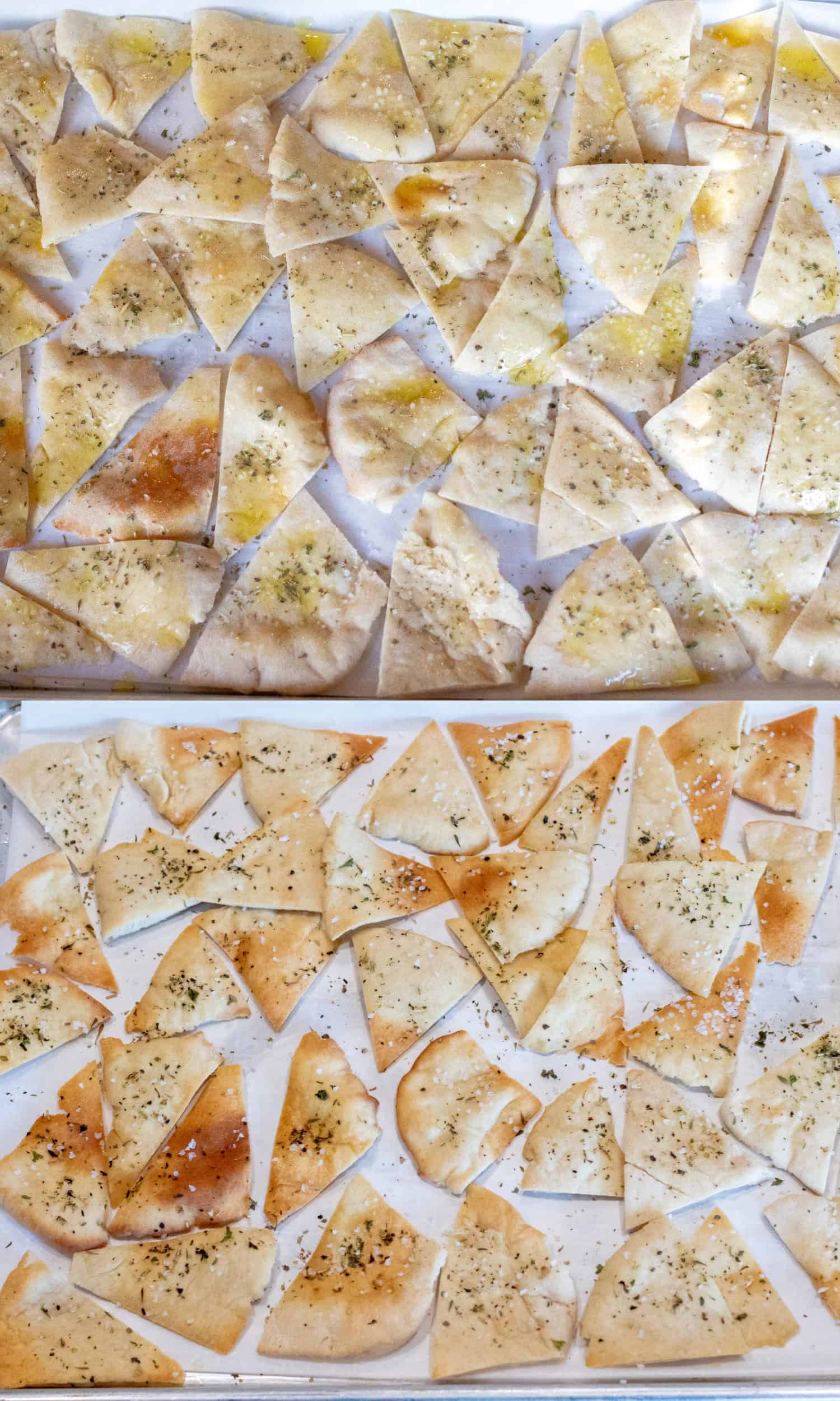 oiled and seasoned unbaked pita chips on a baking sheet and then a picture of them all baked.