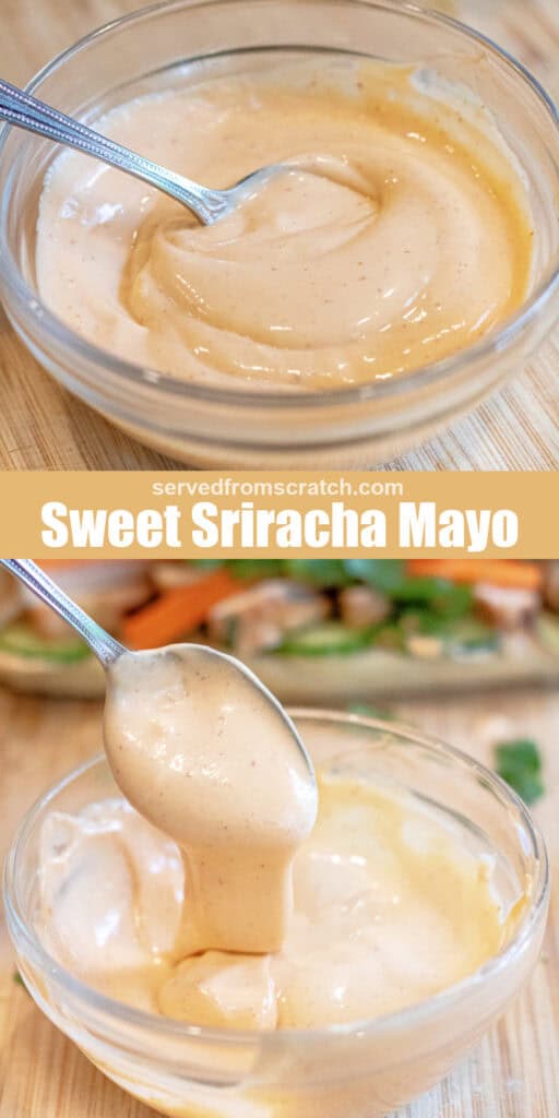 a bowl of mix sriracha mayo with Pinterest pin text and a bowl with a spoon in it.