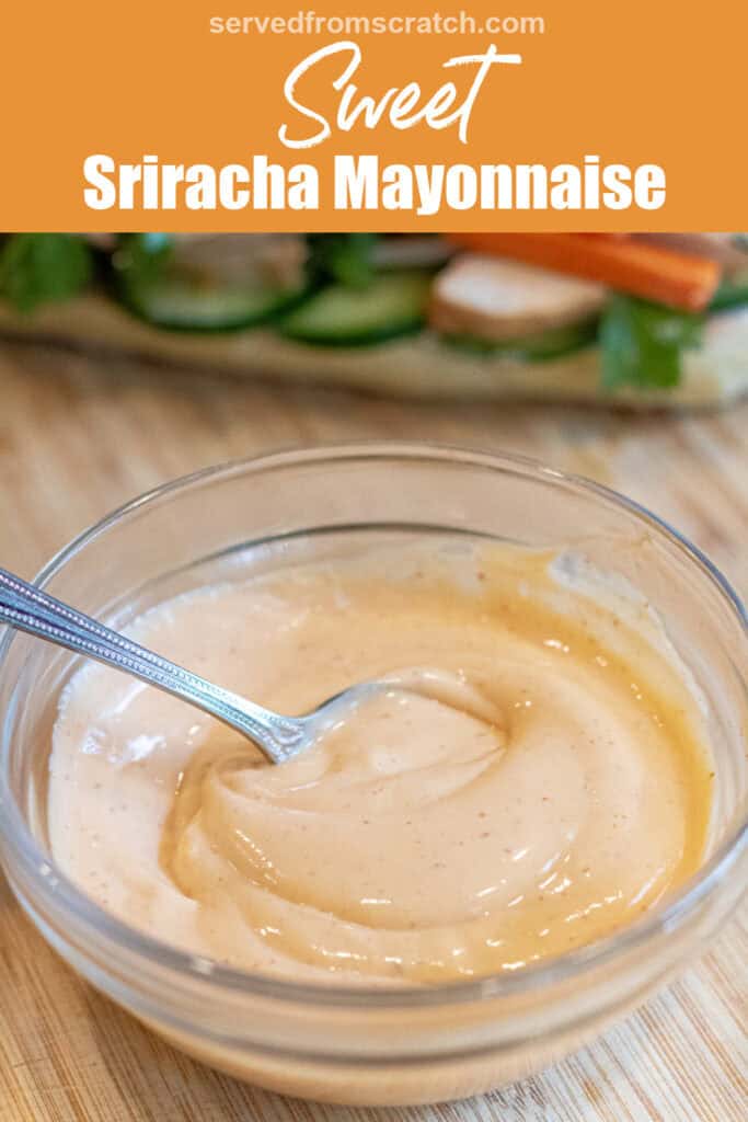 a bowl of sriracha mayo with a spoon in it and Pinterest pin text.
