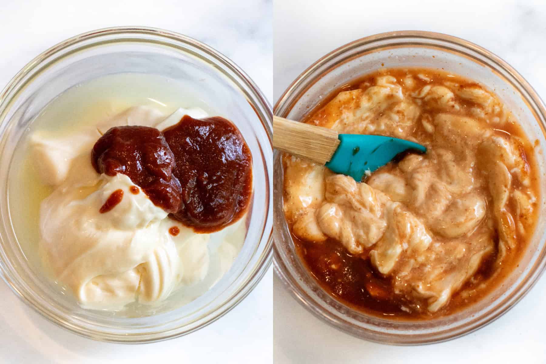 two bowls, one with mayo and sriracha and lemon juice and then it starting to be mixed. 