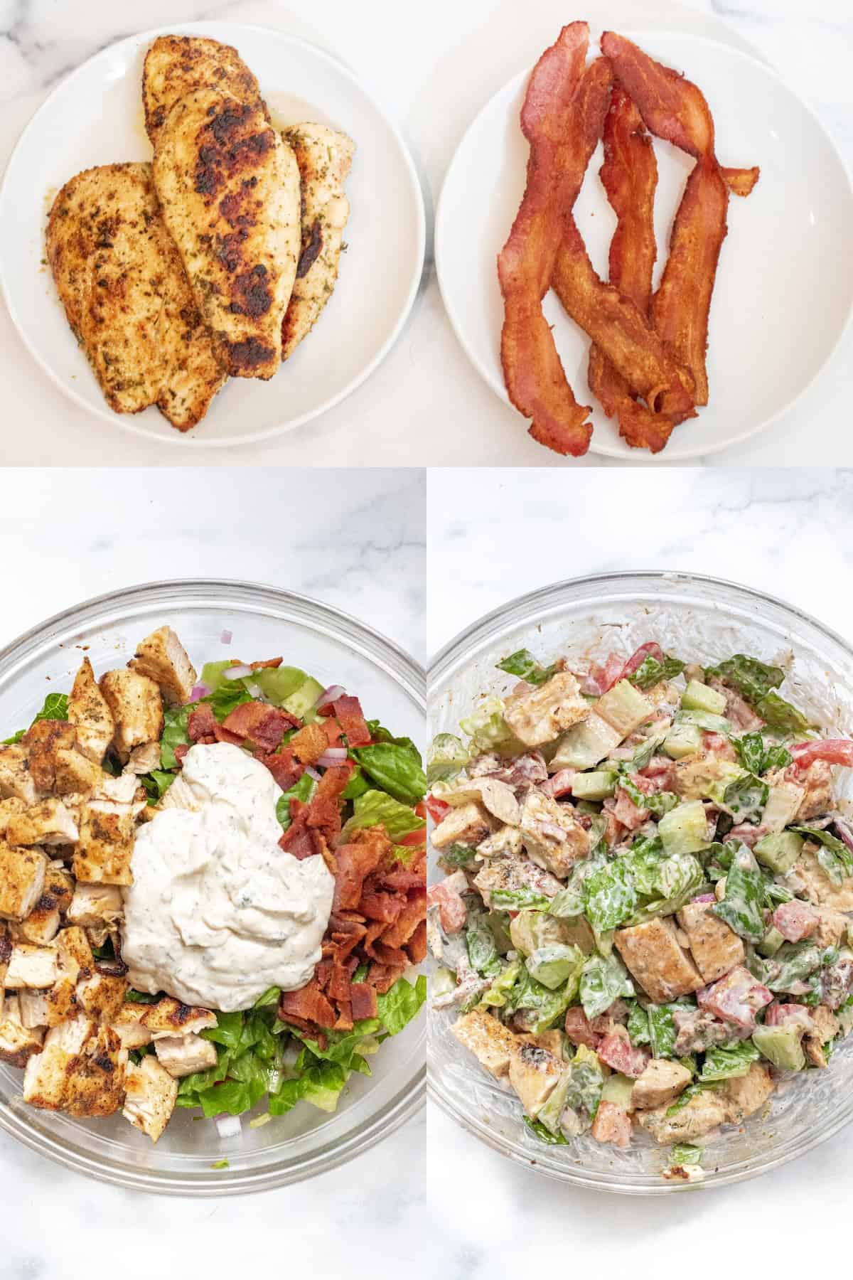 a picture of a plate of cooked chicken and bacon, and a picture of a bowl of the salad with the ranch, and then it all mixed together.