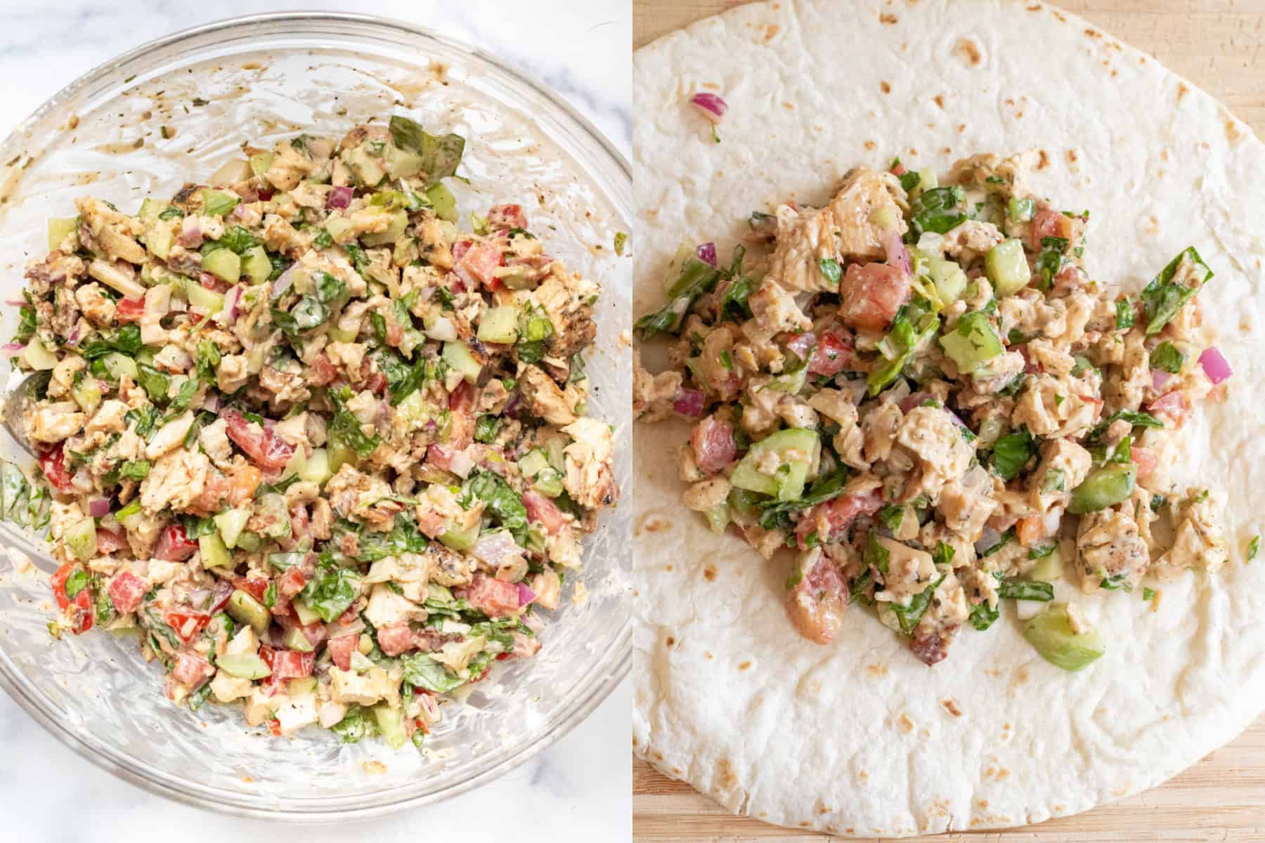 two pictures, one of a bowl of chopped salad and one with it all in the center of a tortilla wrap.