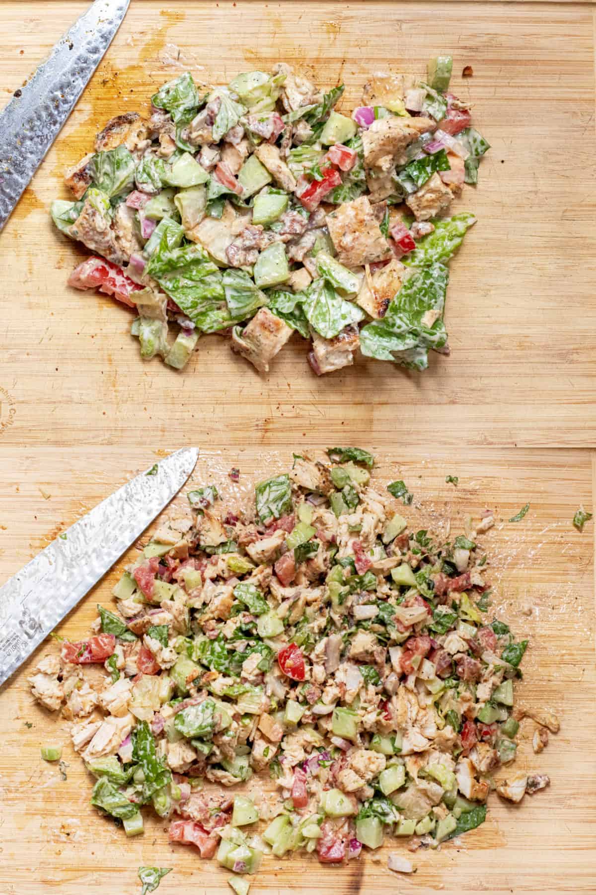 two pictures of a creamy salad on a cutting board with a knife. One with the salad whole and then the next with the salad chopped up fine.