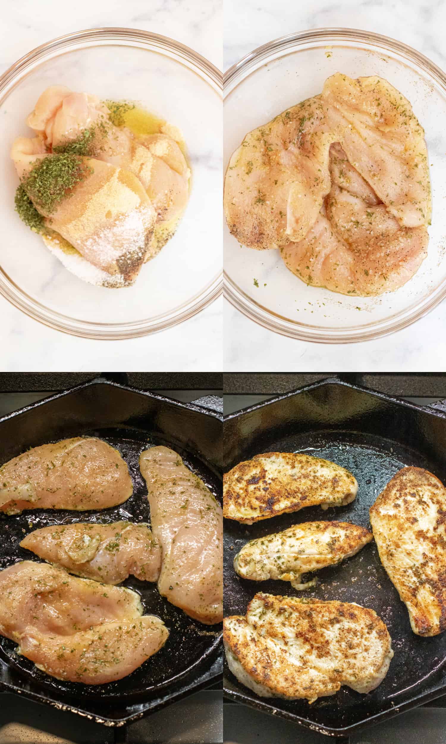 two pictures of bowls with raw chicken, one with seasonings added and then it all mixed and two cast irons with the chicken cooking, one raw and seasoned and one with the chicken cooked.