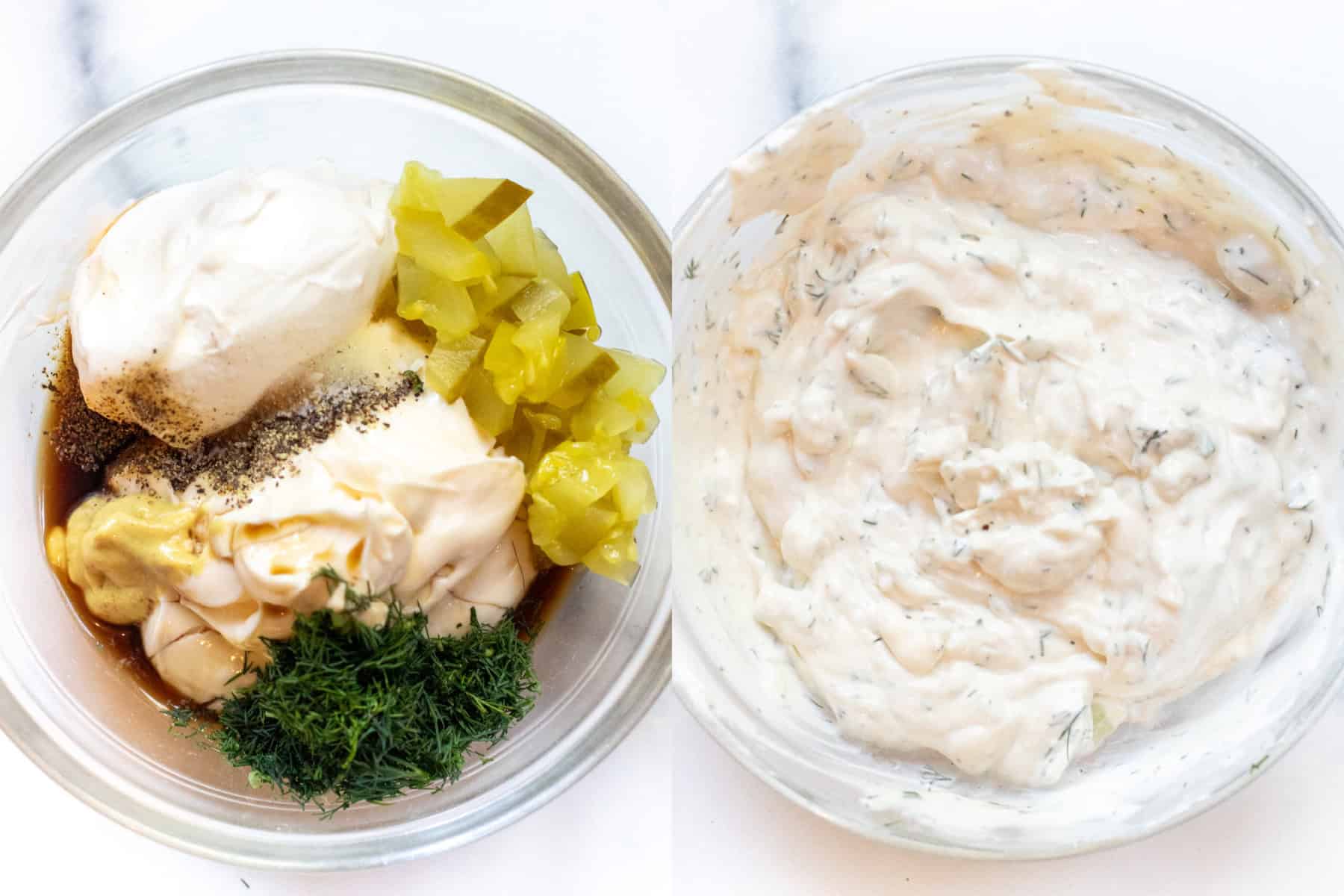 two bowls next to each other, one with mayo, sour cream, dill, pickles, and spices and mustard, and then it all mixed.