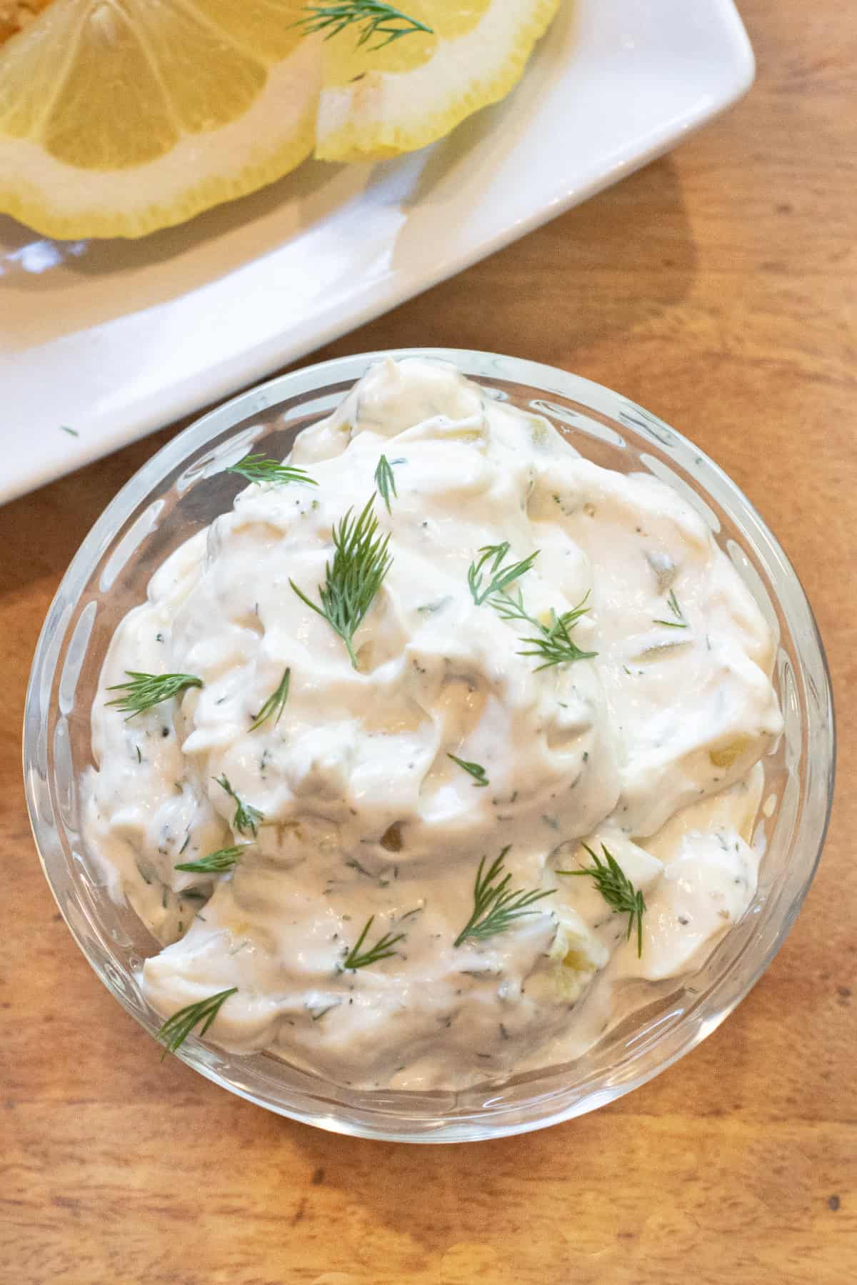an overhead of a small bowl of tartar sauce.
