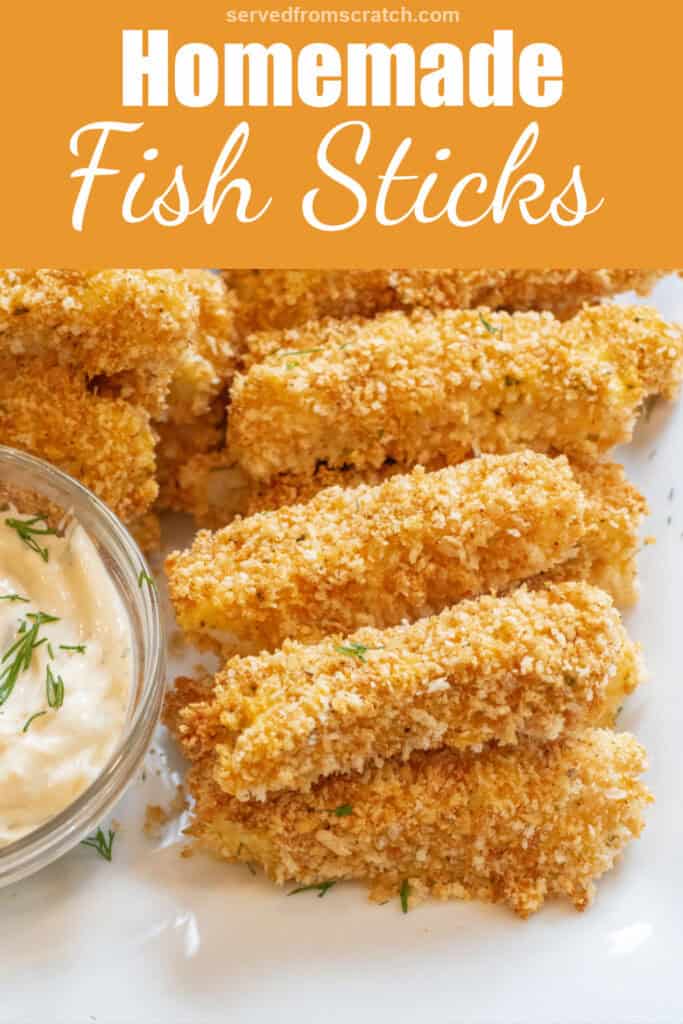 a plate of breaded a baked fish sticks with Pinterest pin text.