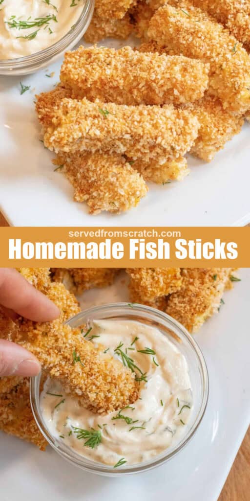 a plate of fish sticks, Pinterest pin text, and a hand dipping a fish stick in tartar sauce.
