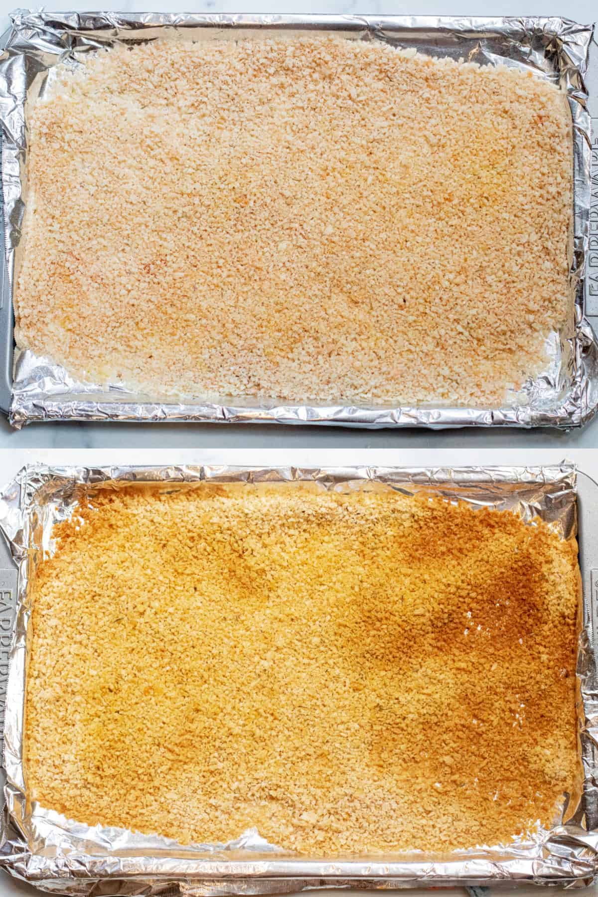 two pans, one with seasoned panko breadcrumbs and the second with them toasted.