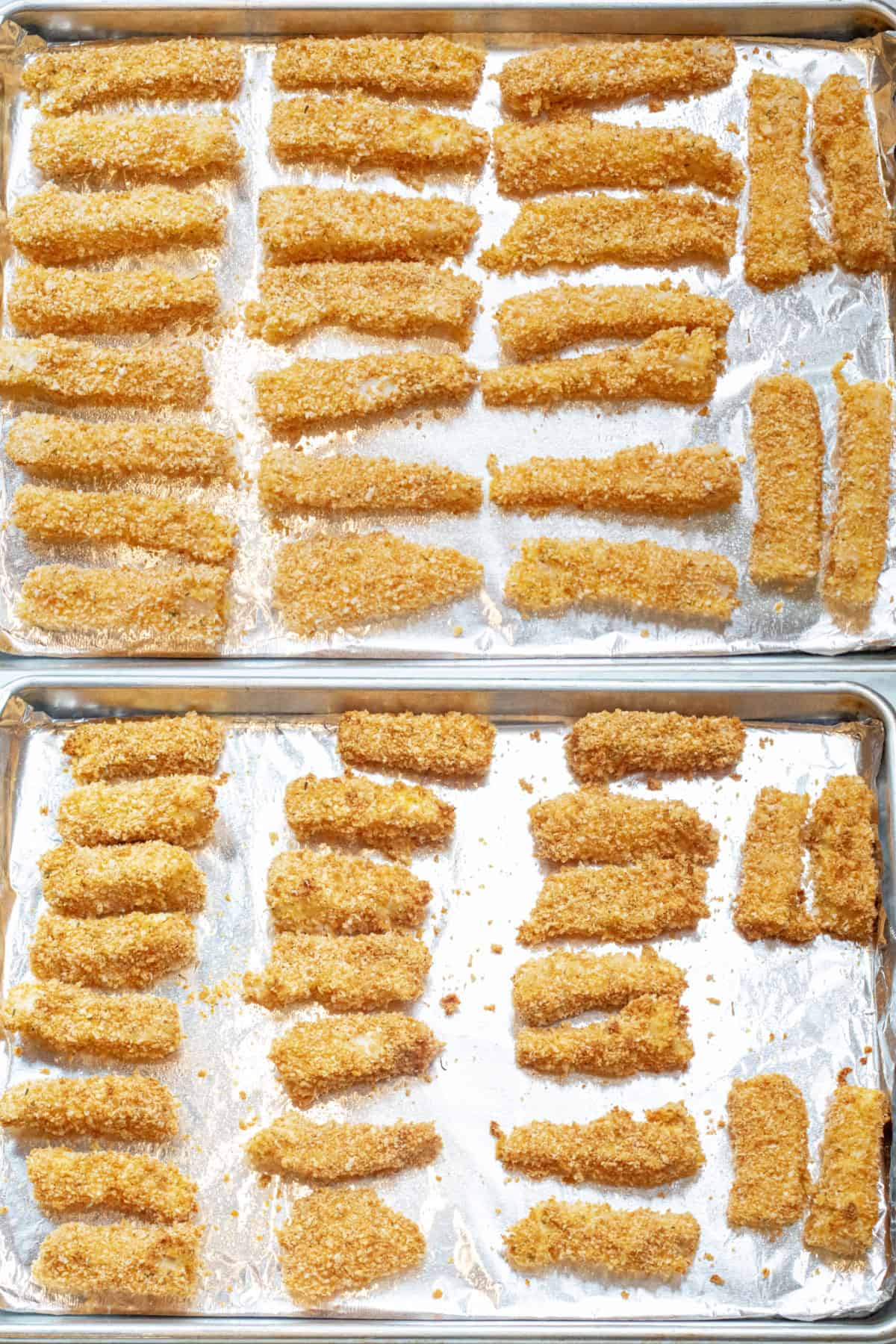 two pictures of breaded fish sticks on a tray. One unbaked and one baked.