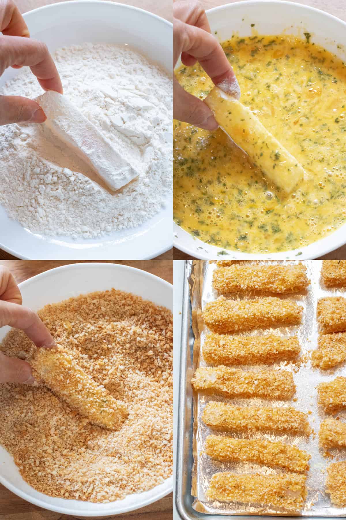 4 pictures of a hand holding a fish stick in flour, in an egg wash, in toasted breadcrumbs, and then on a foil lined tray.