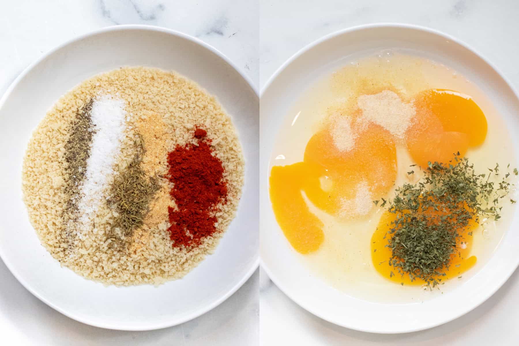 a bowl of breadcrumbs with seasonings and then a bowl of eggs with herbs.