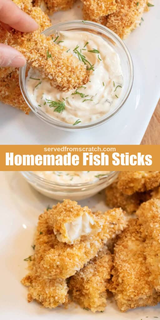 a hand dipping a fish stick in tartar sauce, Pinterest pin text, and a plate of fish sticks with one halved on the others.