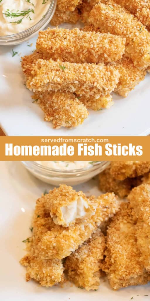 a plate of fish sticks, Pinterest pin text, and a half a fish stick on other fish sticks.