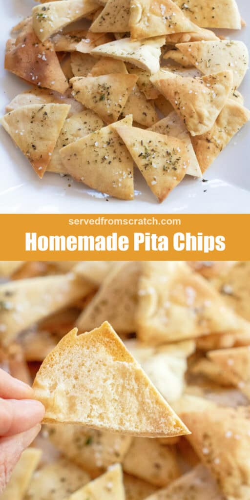 a plate of pita chips, Pinterest pin text, and a hand holding a chip.