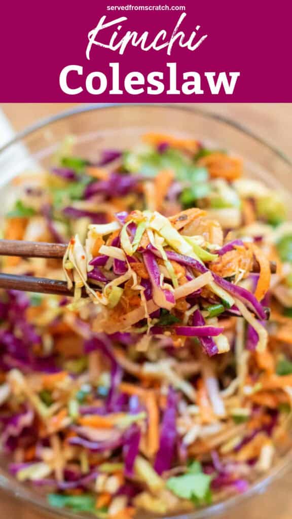 chopsticks holding up some cabbage slaw with Pinterest pin text.