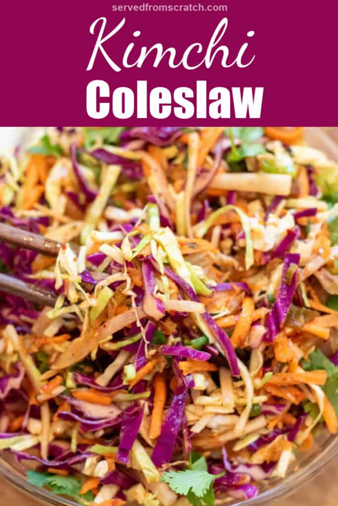 chopsticks holding up some cabbage slaw with Pinterest pin text.