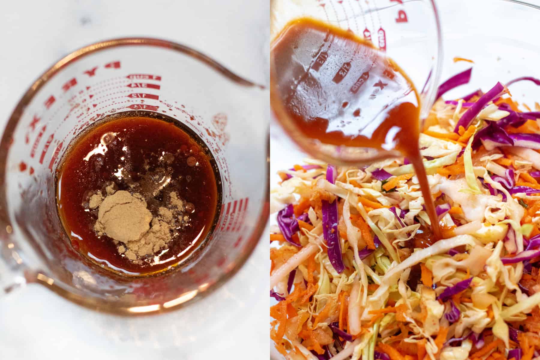 a pyrex with oil and ginger on top and then it being poured over sliced cabbage.