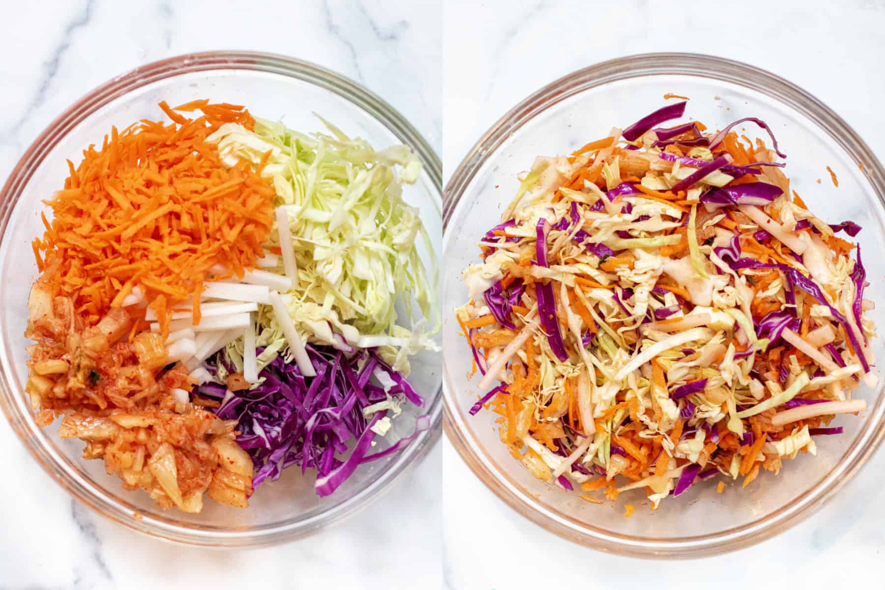 a picture with two bowls one with carrots and cabbage, daikon, and kimchi and then it all mixed.